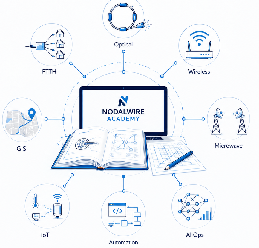 NodalWire Academy learning network — optical, FTTH, wireless, microwave, GIS, IoT, automation, and AI
